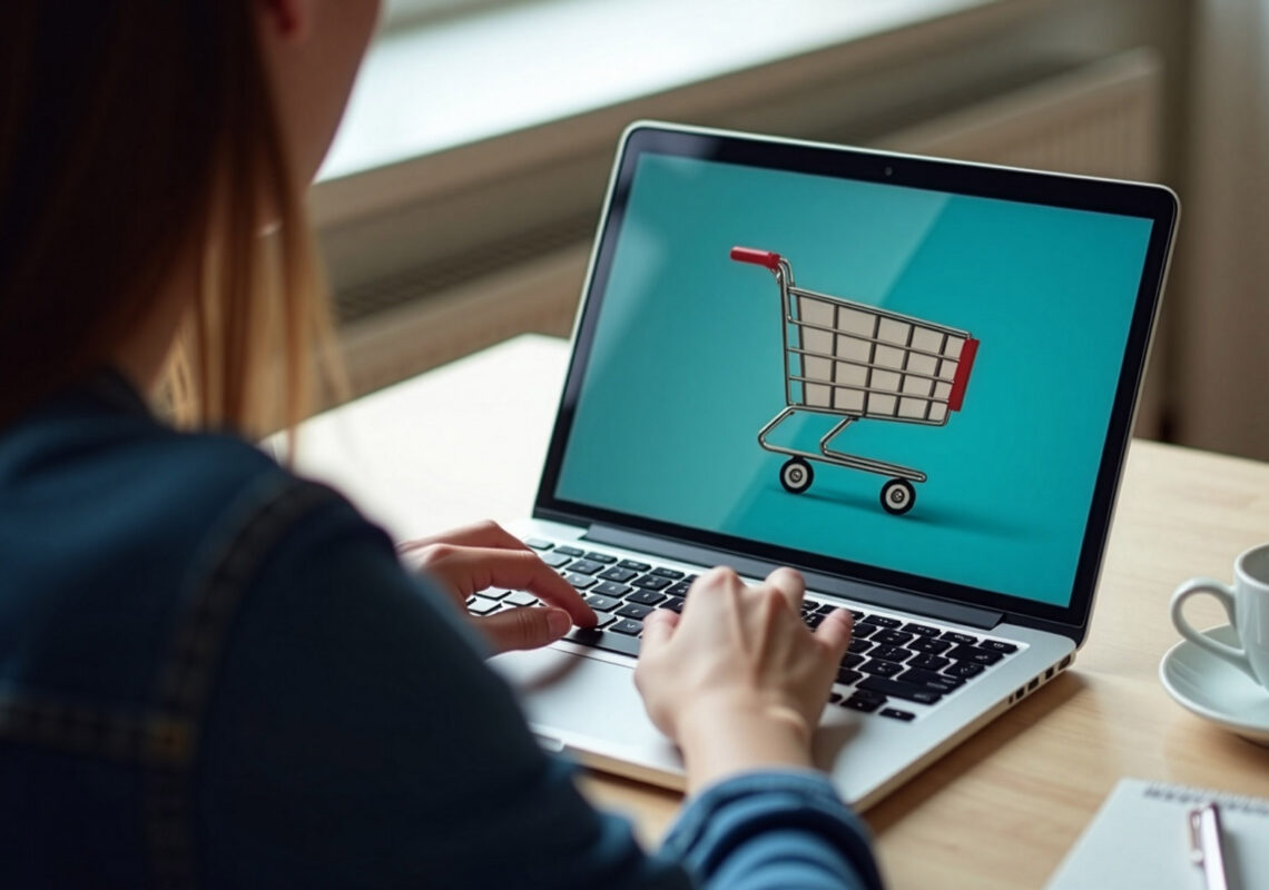 Person Online Grocery Shopping Laptop Keyboard Desk, Top-Down View