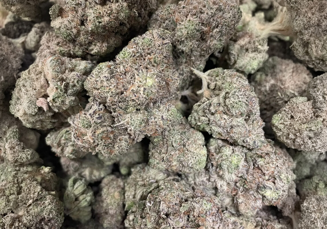 Close Up Mass Pile Purple Cannabis Buds, Top-Down View