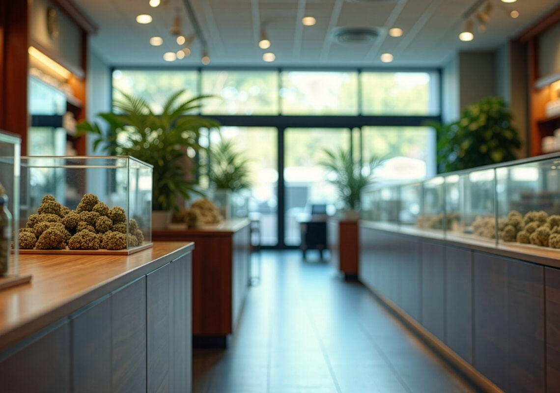 Clean Modern Dispensary Interior Countertops Showcases, Front View