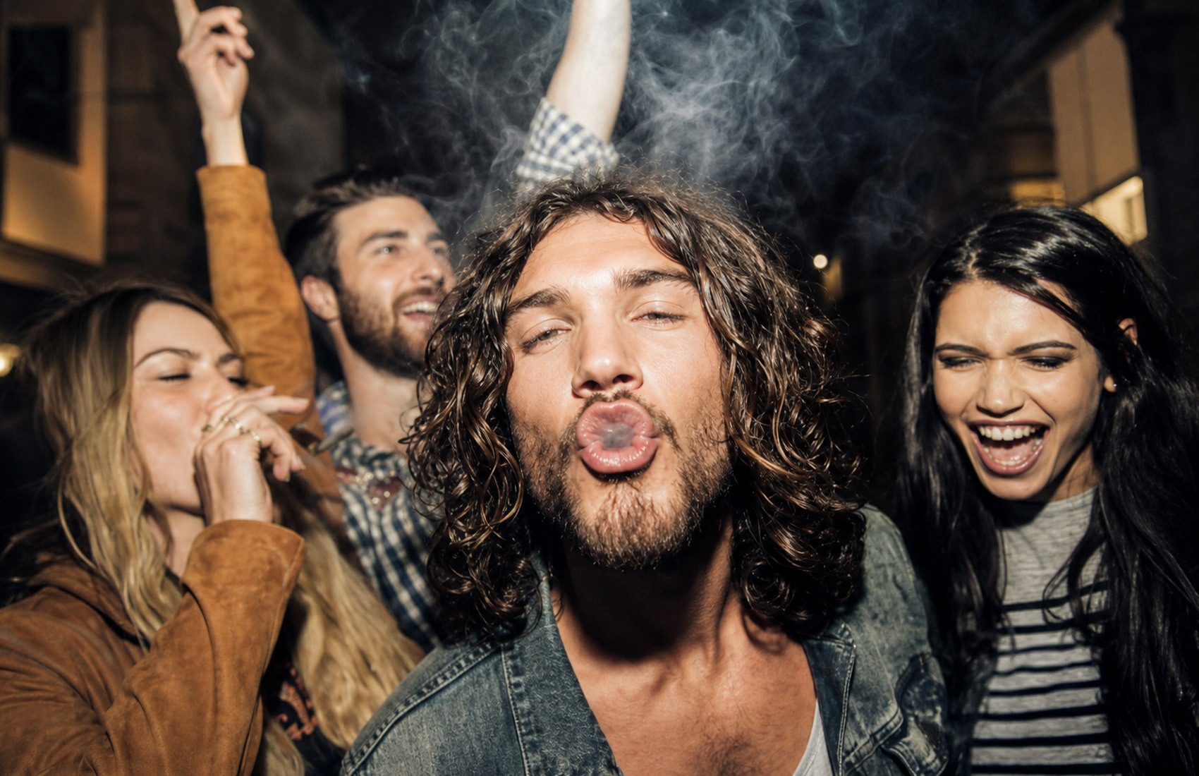 Group Of Friends Partying In Smoke, Front-Facing View