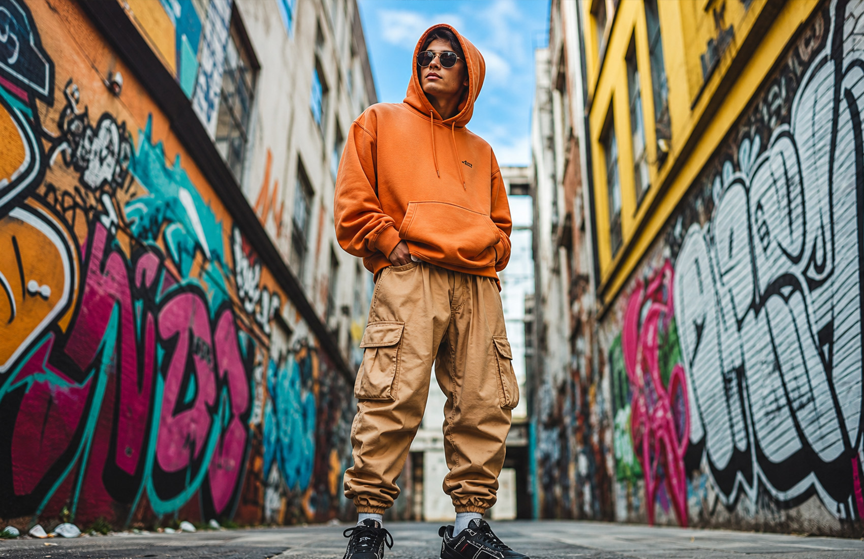 Person In Orange Hoodie Near Graffiti, Front-Facing View
