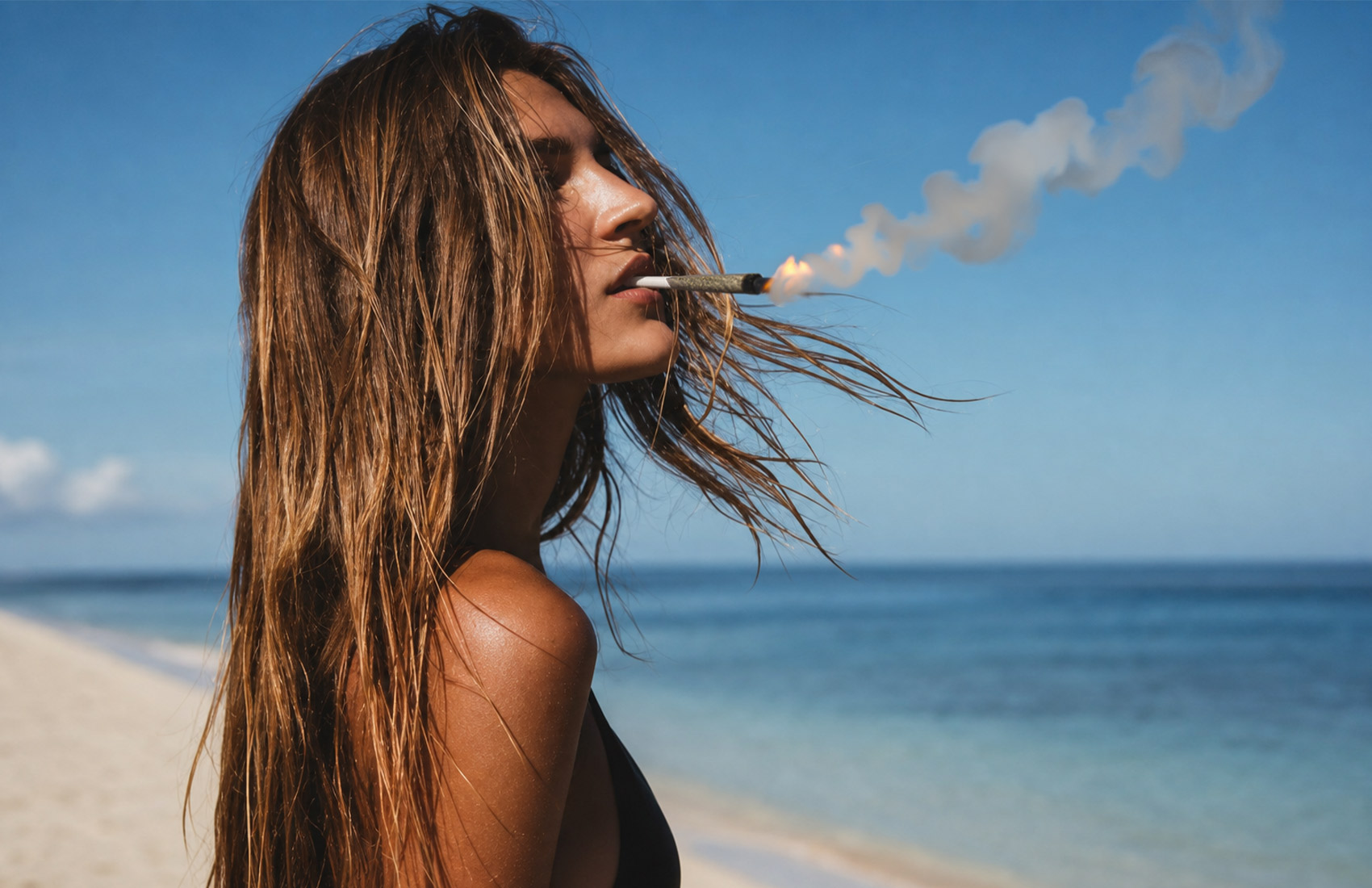 Woman With Long Hair Exhaling Smoke, Side View