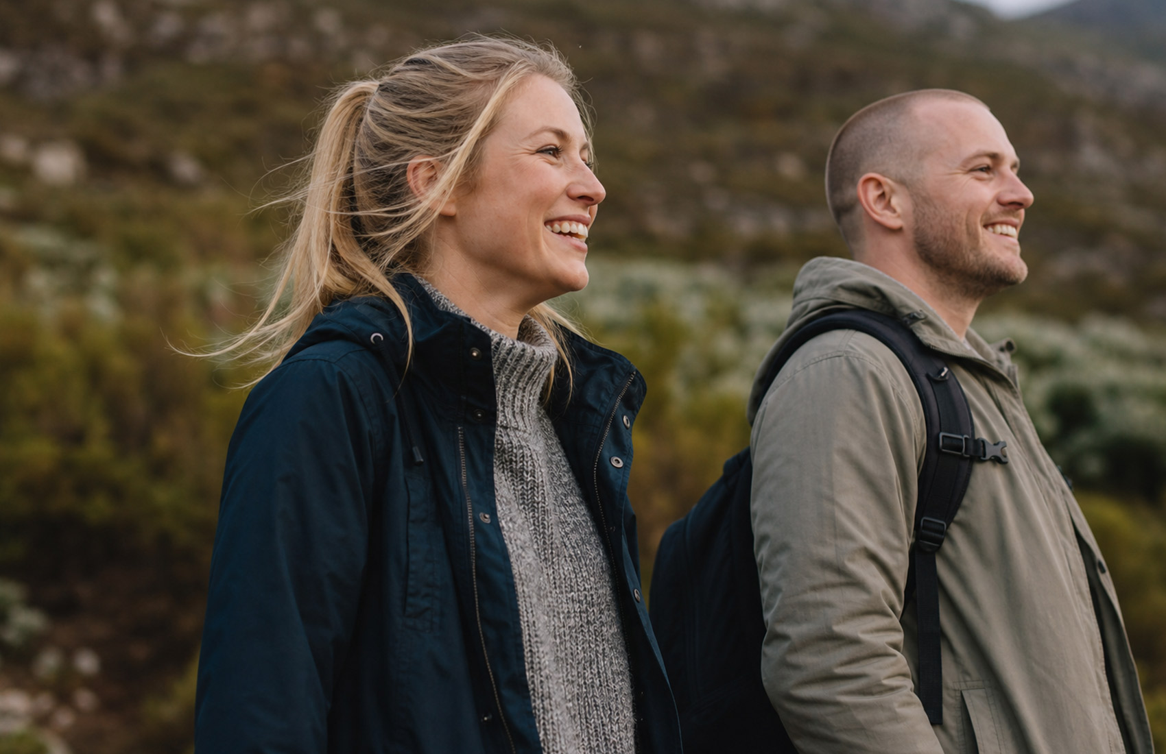 Smiling Blonde Woman Walking Outdoors, Side View