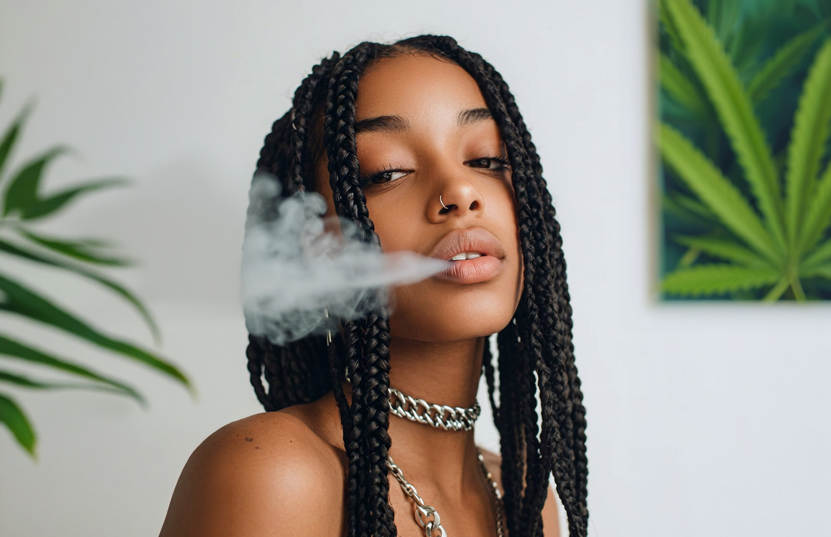 Woman With Braids Exhaling Smoke Cloud, Front-Facing View